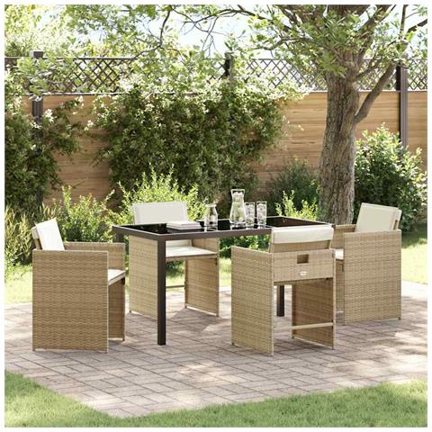 Set da Pranzo per Giardino con cuscino 5 pcs Beige Poly Rattan - Foto 2