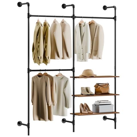 Sobuy Rack Tubolare Fisso Con 3 Barre E 3 Ripiani In Mdf, Armadio Aperto Nero - Foto 1