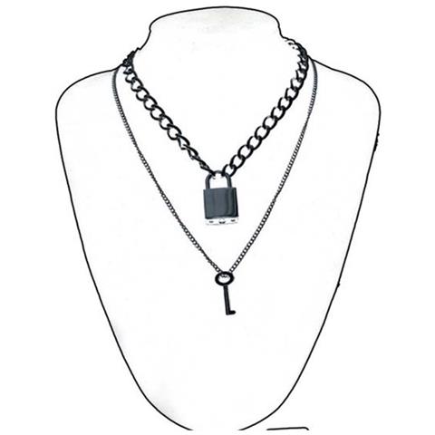 Collana Cosplay - Lucchetto Rockstar Black Padlock - With Key - Gothic - Dark Lolita - Steampunk - Foto 1