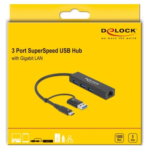 Hub USB 3.2 Gen 1 a 3 porte + Gigabit LAN con connettore USB Type-C o USB Tipo-A - Foto 2