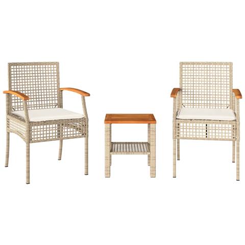 Set da Bistr? 3 pz con Cuscini Beige Polyrattan e Legno Acacia - Foto 1