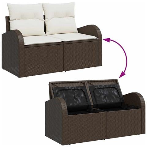 Set di divani da giardino 4 pezzi con cuscini marrone polyrattan, Divano da giardino a 2 posti con spazio di stoccaggio e cuscini marrone polyrattan - Foto 9
