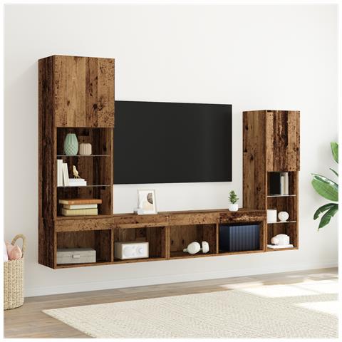 Mobile TV  con luci LED Legno invecchiato 40.5x30x102 cm, Mobile TV a parete  con luci LED 2 pz Legno invecchiato 80x30x30 cm - Foto 2