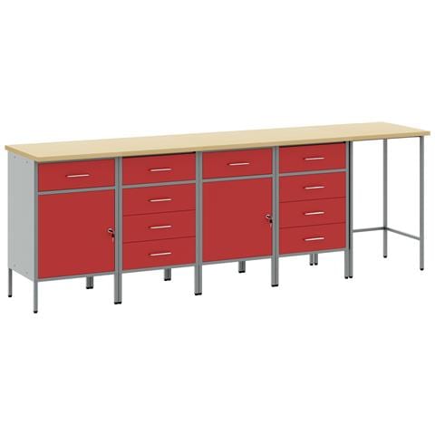 Set di Armadietti da Lavoro e Tavolo Angolare Rosso in Legno Ingenerizzato - 5 Pezzi - Foto 1