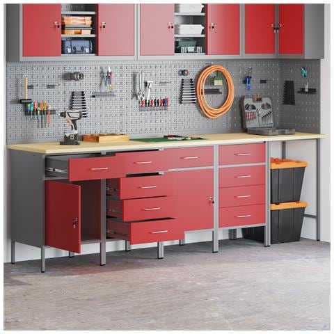 Set di Armadietti da Lavoro e Tavolo Angolare Rosso in Legno Ingenerizzato - 5 Pezzi - Foto 2
