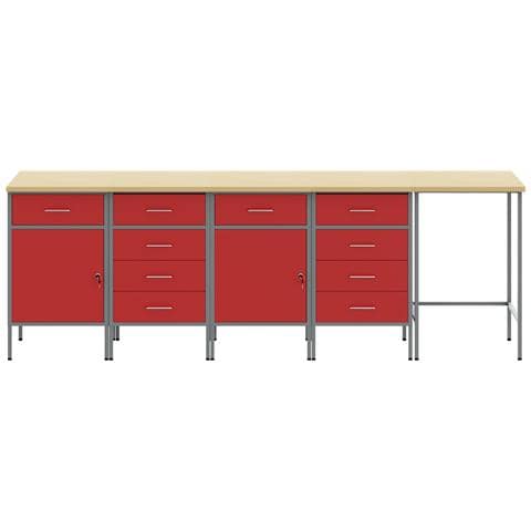 Set di Armadietti da Lavoro e Tavolo Angolare Rosso in Legno Ingenerizzato - 5 Pezzi - Foto 7