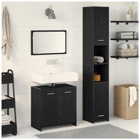 Set di mobili da bagno in 3 pezzi Rovere Nero Legno Ingegnerizzato - Foto 2