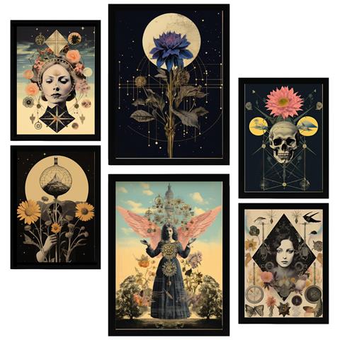 Set Di 6 Stampe Dipinto Decorativo Collage Surreale In Floreale Mistico Esoterico Incorniciato Con Illustrazioni A3 & A4 Cornice Nera - Foto 1