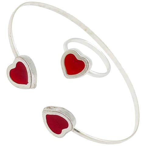 Bracciale E Anello A Forma Di Cuore In Argento 10µ Rosso - Foto 1