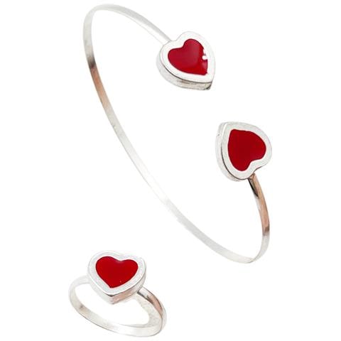 Bracciale E Anello A Forma Di Cuore In Argento 10µ Rosso - Foto 2