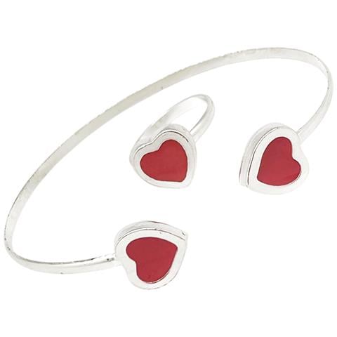 Bracciale E Anello A Forma Di Cuore In Argento 10µ Rosso - Foto 6