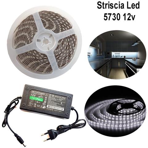 Striscia Led 5730 5m Adesiva Luce Ip65 Alimentatore 12v 5a Bianco Freddo 12w /m - Foto 1