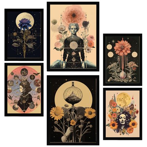 Set Di 6 Stampe Pittura Decorativa Collage Surreale In Mistico Esoterico In Toni Pastello Incorniciato Con Illustrazioni A3 & A4 Cornice Nera - Foto 1