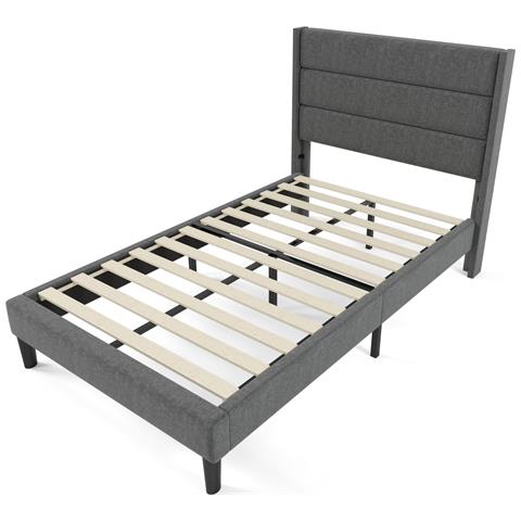 Letto Imbottito Singolo Con Testiera Unica E Telaio In Lino Grigio - Foto 2