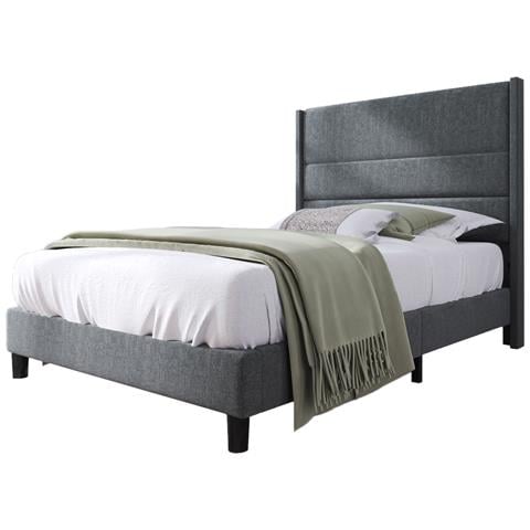 Letto Imbottito Singolo Con Testiera Unica E Telaio In Lino Grigio - Foto 1