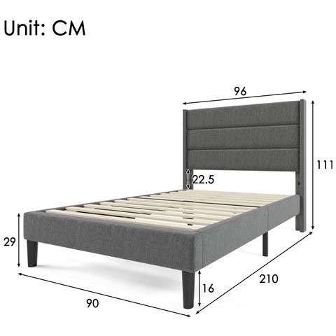 Letto Imbottito Singolo Con Testiera Unica E Telaio In Lino Grigio - Foto 3