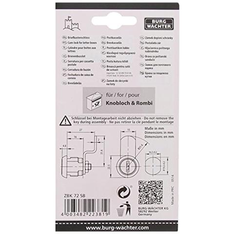 Burg-waechter Ricambio Cilindro Per Posta, Leva Di Bloccaggio Dal 1 Spessore Da 1 A 7 Millimetri Cromato, Zbk 72 Sb, Pezzi - Foto 3