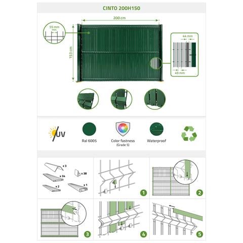 Lamelle In Pvc Rigido Cinto 2m X H.150cm Verde – Brise-vue Da Giardino Con Profilo Di Finitura E Clip - Foto 8