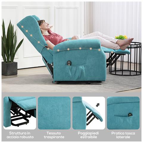 Poltrona Alzapersona Reclinabile a 135° con Poggiapiedi e Telecomando, in Tessuto Blu, 74x94x111 cm - Foto 6