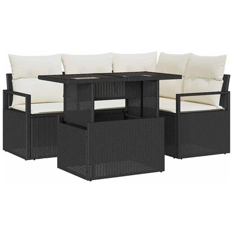 Set di 5 pezzi di divano da giardino con cuscini in rattan polyrattan nero, Divano da giardino con 2 posti, storage e cuscini in rattan polyrattan nero - Foto 1