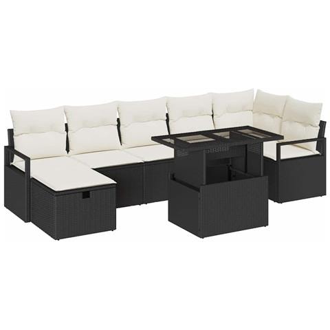 Set Divano da Giardino 8 Pezzi con Cuscini Nero Polyrattan, Divano da Giardino 2 Posti con Cuscini Nero Polyrattan - Foto 1