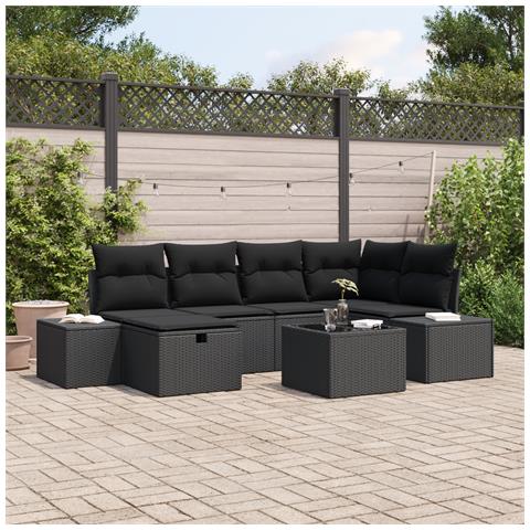 Set divano da giardino da 7 pezzi con cuscini neri in polyrattan - Foto 2