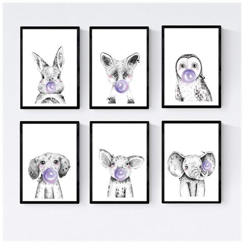 Set Di 6 Stampe Animali Bambini Con Gomma Da Masticare Maiali Elefante Coniglio Zorro Gufo Cane A3 Senza Cornice - Foto 1