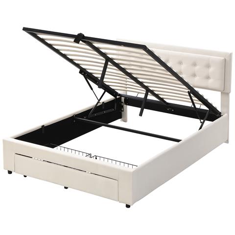 Letto Matrimoniale In Velluto Beige Con Testiera Regolabile E Contenitore - Foto 2