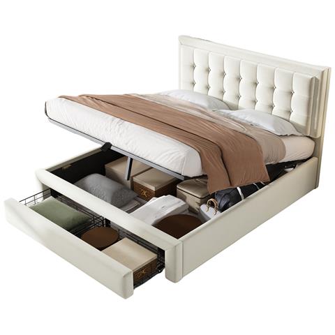 Letto Matrimoniale In Velluto Beige Con Testiera Regolabile E Contenitore - Foto 1