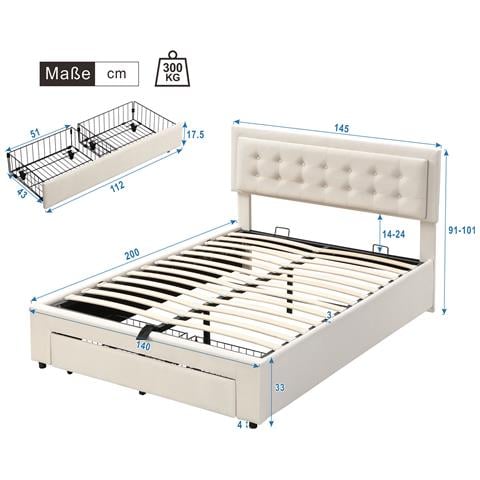 Letto Matrimoniale In Velluto Beige Con Testiera Regolabile E Contenitore - Foto 3