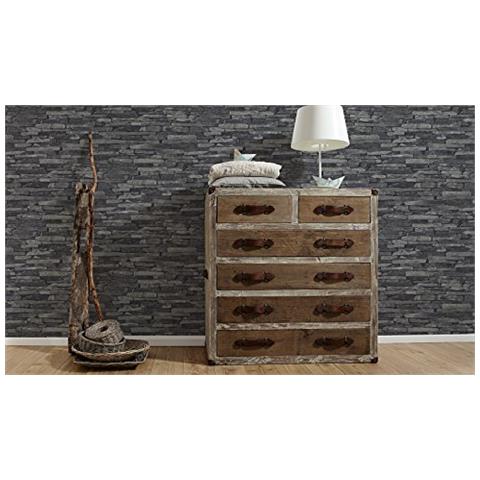 914224 - Carta Da Parati""wood N Stone"" Con Decorazione Pietre, Colore: Grigio / nero - Foto 3