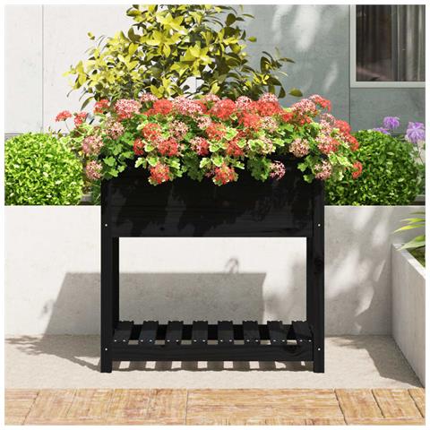 Fioriera Con Mensola Nera 82,5x54x81 Cm Legno Massello Di Pino - Foto 3