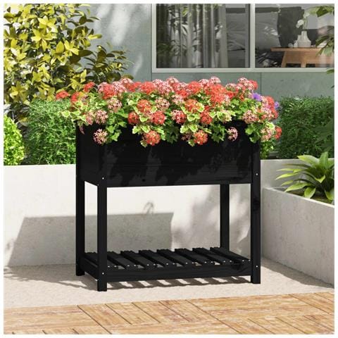 Fioriera Con Mensola Nera 82,5x54x81 Cm Legno Massello Di Pino - Foto 1