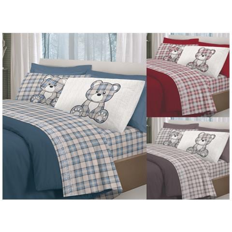 Completo Lenzuola Flanella Pensieri Delicati 100% Cotone Disegno Orsetto Tartan Matrimoniale Rosso - Foto 2