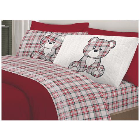 Completo Lenzuola Flanella Pensieri Delicati 100% Cotone Disegno Orsetto Tartan Matrimoniale Rosso - Foto 1
