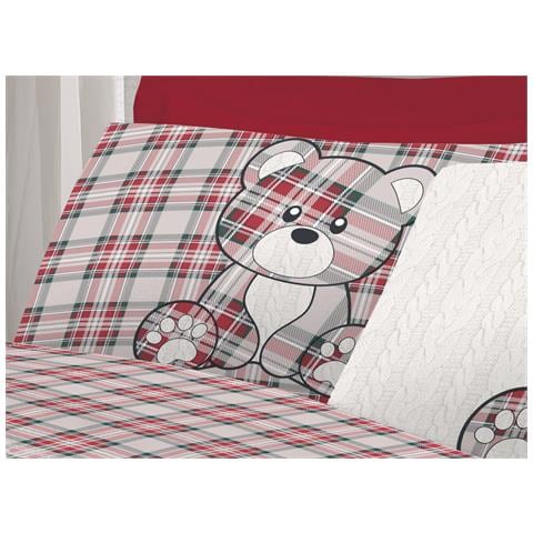 Completo Lenzuola Flanella Pensieri Delicati 100% Cotone Disegno Orsetto Tartan Matrimoniale Rosso - Foto 5