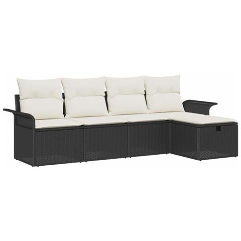 Set di 5 pezzi di divano da giardino con cuscini neri in polyrattan, Divano da giardino a 2 posti con storage e cuscini neri in polyrattan - Foto 1