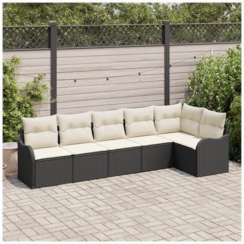 Set di Divano da Giardino 6 Pezzi con Cuscini Nero Polyrattan, Divano da Giardino 2 Posti con Contenitore e Cuscini Nero Polyrattan - Foto 2