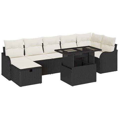 Set Divano da Giardino 8 Pezzi con Cuscini Nero Polyrattan, Divano da Giardino 2 Posti con Cuscini Nero Polyrattan - Foto 1