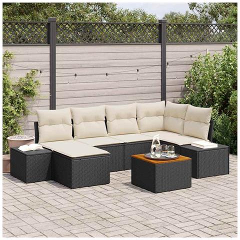 Set Divano da Giardino da 7 Pezzi con Cuscini Neri in Polyrattan Acacia - Foto 2