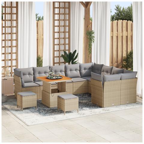 Set Divano Giardino a 12 Pezzi con Cuscini Beige Rattan Polietilene Acacia, Set da Pranzo Giardino a 3 Pezzi con Cuscini Beige Rattan Polietilene Acacia - Foto 2