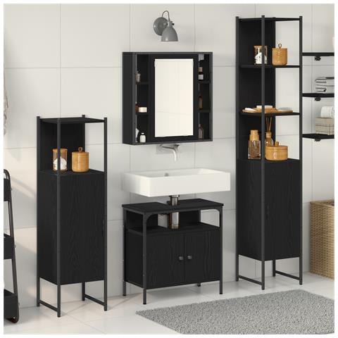 Set di Mobili da Bagno in 4 Pezzi in Legno Ingegnerizzato Nero Rovere - Foto 2