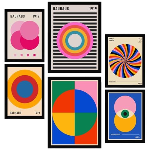 Set Di 6 Stampe Dipinto Decorativo Bauhaus Forme Geometriche In Colori Vivaci Incorniciato Con Illustrazioni A3 & A4 Cornice Nera - Foto 1