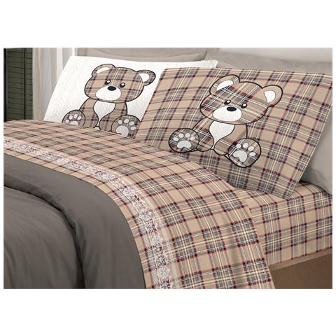 Completo Lenzuola Linea Pensieri Delicati 100% Cotone Disegno Orsetto Tartan Piazza E Mezza Beige - Foto 1