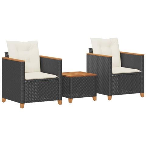 Set da Bistr? 3 pz con Cuscini Nero Polyrattan e Legno Acacia - Foto 1
