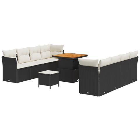 Set Divano da Giardino 11 Pezzi con Cuscini Nero Polyrattan Acacia,  Set di Pranzo da Giardino 3 Pezzi con Cuscini Nero Polyrattan Acacia - Foto 1