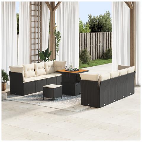 Set Divano da Giardino 11 Pezzi con Cuscini Nero Polyrattan Acacia,  Set di Pranzo da Giardino 3 Pezzi con Cuscini Nero Polyrattan Acacia - Foto 2