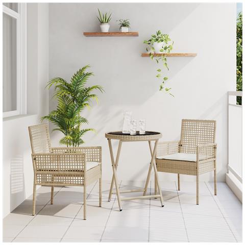 Set da giardino 3 pezzi con cuscini color beige in polyrattan - Foto 2