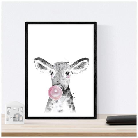 Set Di 6 Stampe Animali Bambini Con Gomma Da Masticare Maiale Cervo Vaca Zorro Gufo Cane A3 Cornice Nera - Foto 6