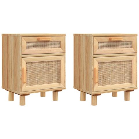 Comodini 2 Pz Marroni Legno Massello Di Pino E Rattan Naturale - Foto 1